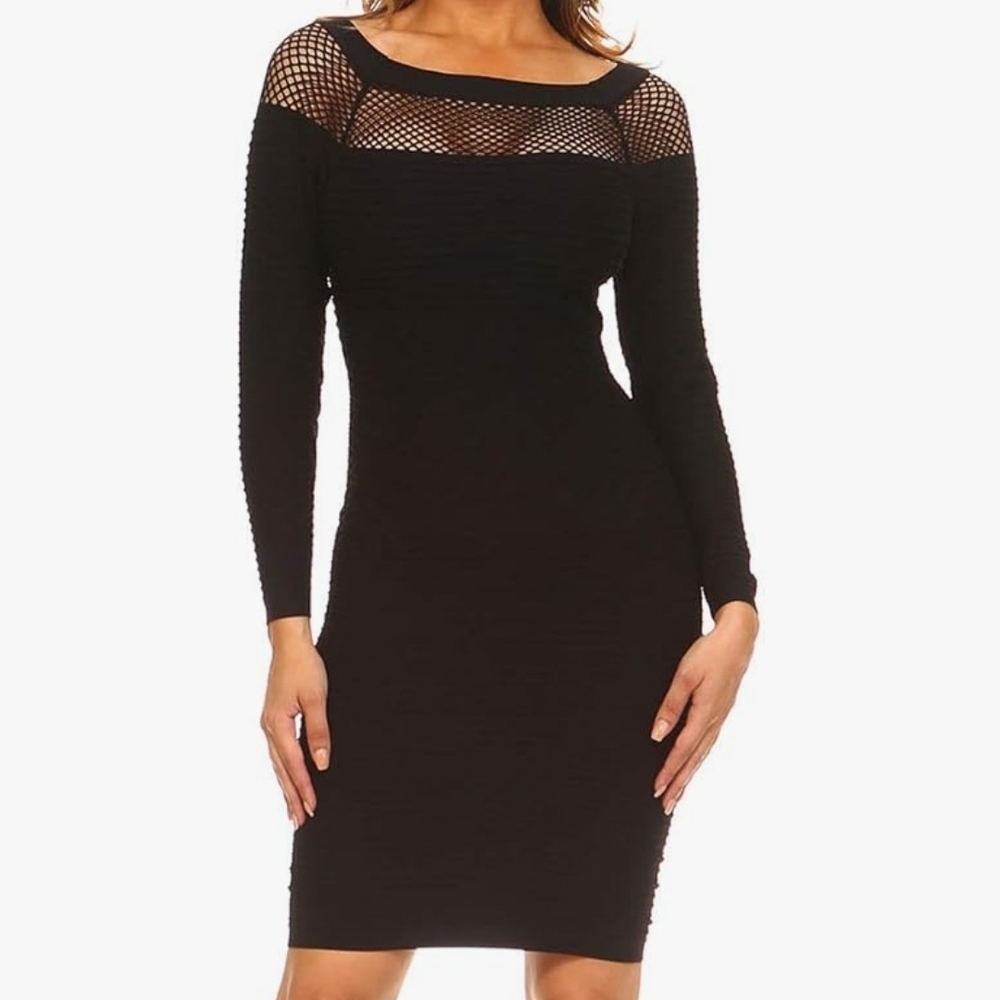 Yelete Black Long Sleeve Mesh Yoke Bodycon Dress NWT Large 🔥🔥🔥